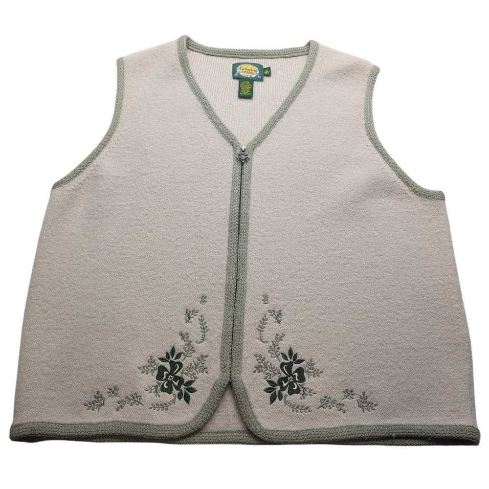 Y2K Cabelas Wool Vest Womens XL Oatmeal Beige Floral Embroidered Zip Up